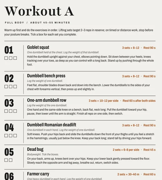 Page 5 of the PDF: Workout A, with exercises numbered 01 to 04.